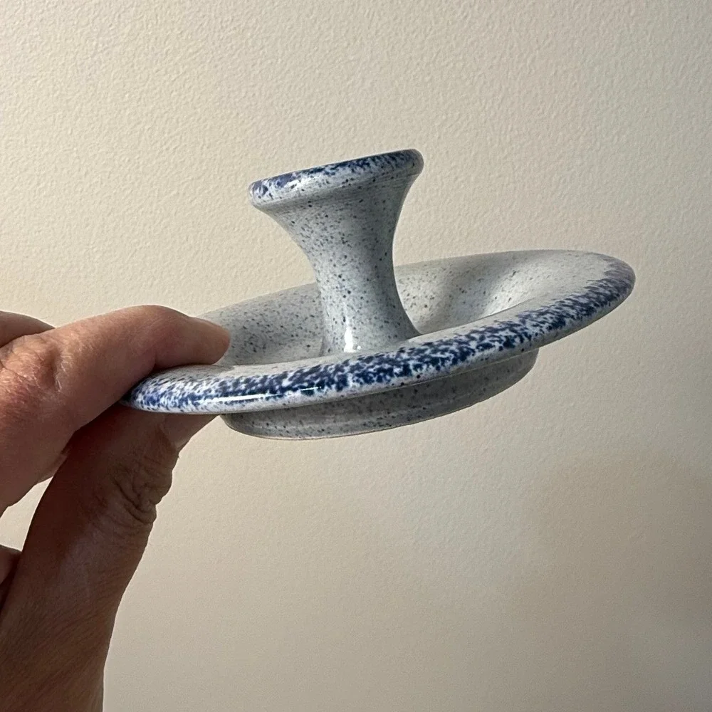 Vintage Blue Spongeware Ceramic‎ Taper Candle Holder Chamberstick Farmhouse